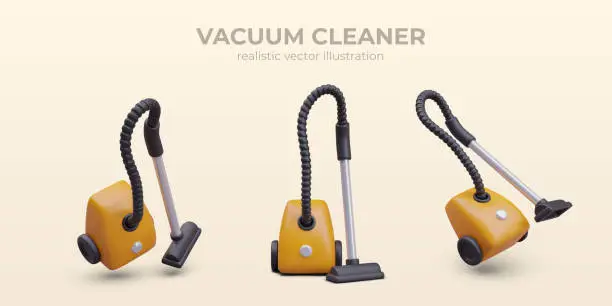 Vector illustration of Realistic vacuum cleaners in different positions. Poster with room cleaning equipment