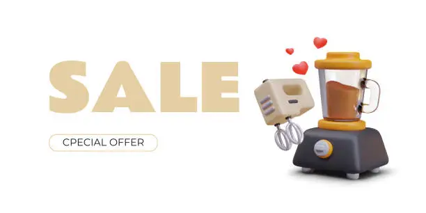 Vector illustration of Sale concept, special offer. Realistic blender, mixer, hearts