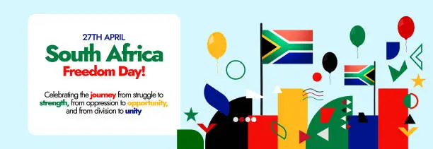 Vector illustration of South Africa Freedom Day. 27th April South Africa Freedom day celebration social media cover with African Flag, balloons, and modern abstract geometric icons. Africa National or independence day Vector cover.