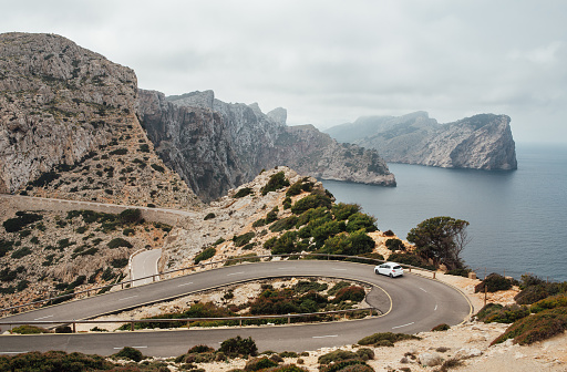 Idyllic Greek landscape next to the road. Panoramic view from a motor home.