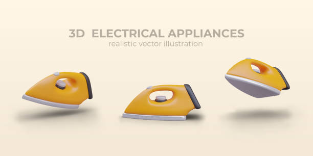 Realistic electric iron with regulator. Device for smoothing fabric Realistic electric iron with regulator. Device for smoothing fabric. Household appliances. Vector model in different positions. 3D templates for advertising, online stores iron steam stock illustrations