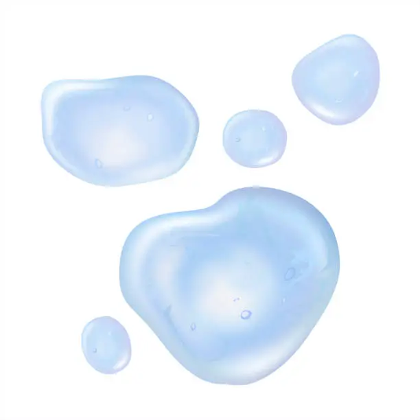 Vector illustration of Liquid spills, Clear droplets of aqua or blue cosmetic serum.