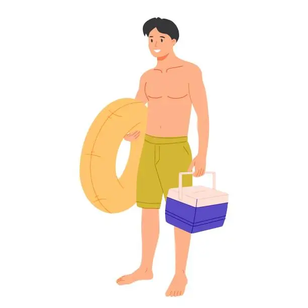 Vector illustration of Summer vacation concept. A cute guy with a mini refrigerator and a lifebuoy swims in the pool or at sea.