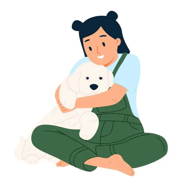 Vector illustration of Cute happy dog and child friends. Kid hugging canine animal with love. Girl pet owner embracing, cuddling lovely doggy