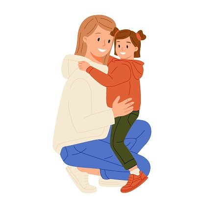 Happy Mother Hugging Cute Smiling Child Family Girl Kid And Mom