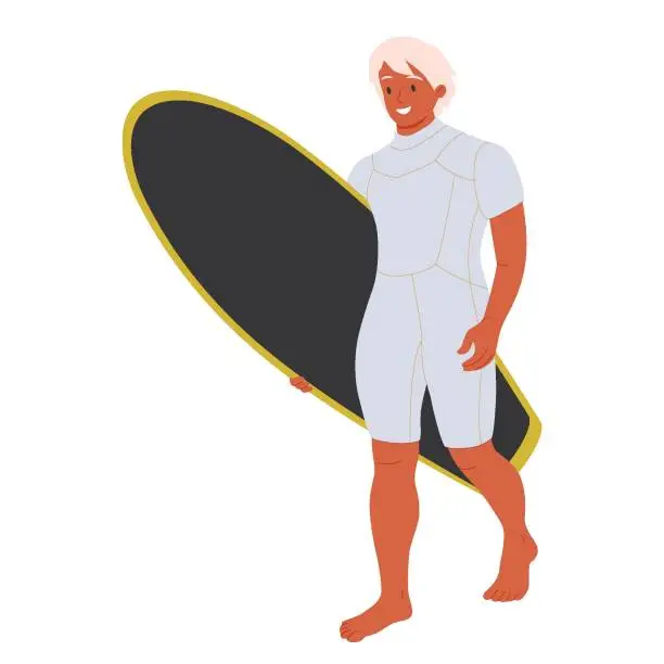 Vector illustration of Man walking with surfboard in hands, talking and pointing at sea. Active tanned guy surfer going and holding surf board.