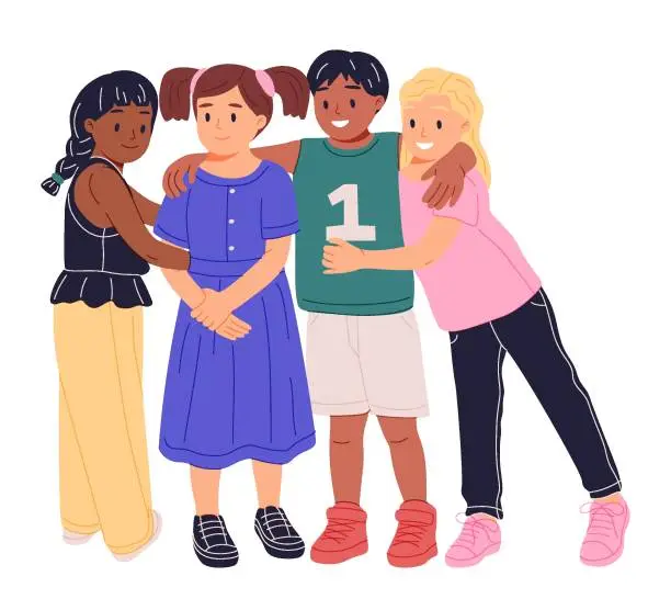 Vector illustration of Cute happy kids hugging, smiling, standing together. Diverse children group portrait.