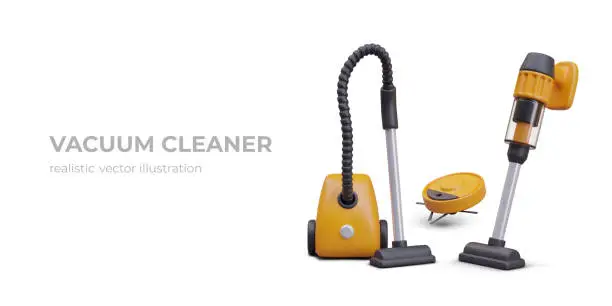 Vector illustration of Set of modern vacuum cleaners. Classic electric vacuum cleaner, robot, model with battery