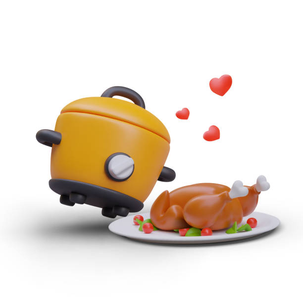istock Composition with realistic slow cooker and big chicken on white plate with vegetables 2113084852