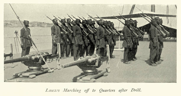 istock Lascars at musketry drill, HMS Magdala, Indian Navy Harbour Defence Force, Military History, 1890s, 19th Century. 2113087423