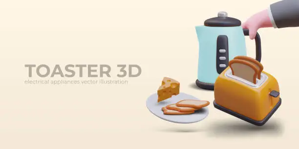 Vector illustration of 3D toaster, electric kettle, piece of cheese, sliced bread