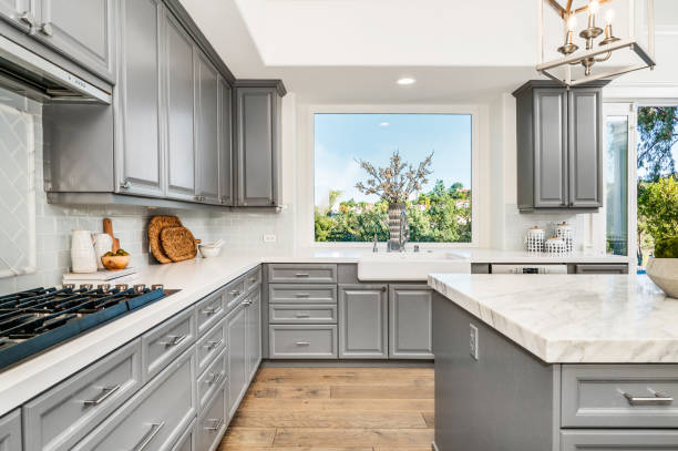 istock Modern marble kitchen with sleek gray cabinets 2113098377