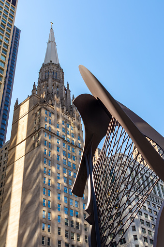 Chicago, Illinois - United States - March 11th, 2024: Downtown sculpture The Chicago Picasso by artist Pablo Picasso, installed in 1967, in downtown Chicago, Illinois, USA.\nYou sent