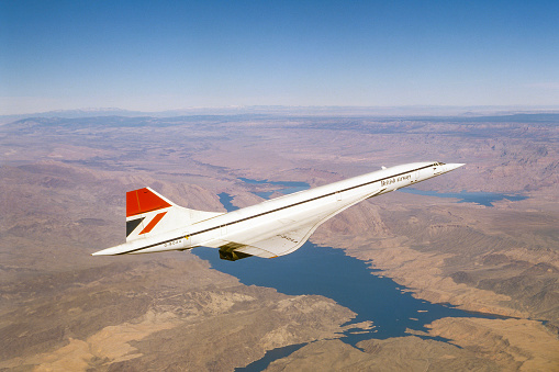 Southwest United States - between 1977 and 1984: British Airways Concorde supersonic airplane in flight on a charter flight over the US Southwest.