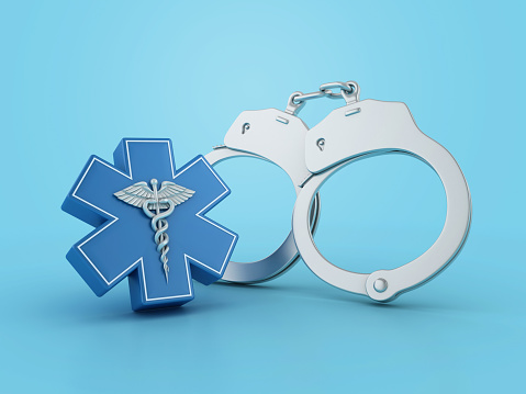Medical Symbol Caduceus with Handcuffs - Color Background - 3D Rendering