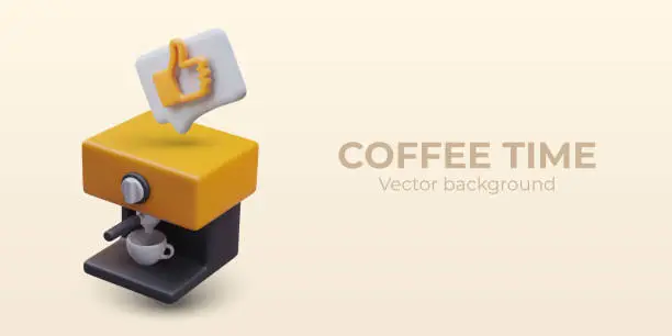 Vector illustration of Realistic modern coffee machine with cup of drink. Concept of coffee time