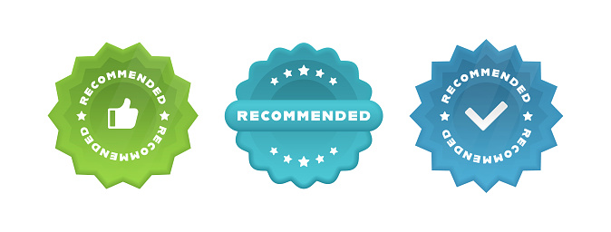Recommended badge set. 3d label design with check mark and thumbs up. Good choice recommendation. Vector illustration.