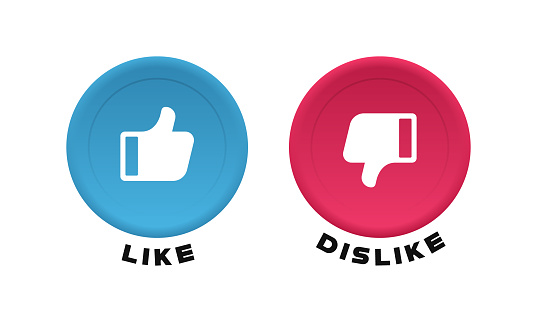Like and Dislike label with thumb up and thumb down. Design concept for social media, marketing, ui, ux, app and web. 3d style vector illustration.