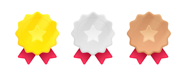 Gold, silver and bronze medal with star and red ribbon in 3d style with glowing effect. 1st, 2nd and 3rd places. Design concept of rating, award, prize place, achievement. Vector illustration.