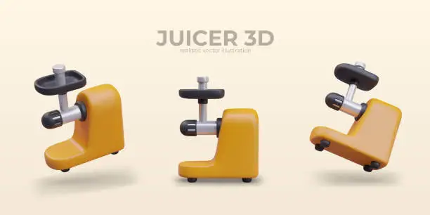 Vector illustration of Realistic juicer in different positions. Poster with home appliance with yellow background