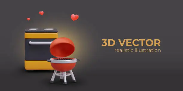 Vector illustration of Stove, outdoor barbecue grill. Realistic composition on black background