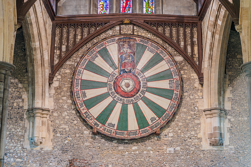 Round Table on the Wall, The Great Hall, historical Building in Winchester, England, UK