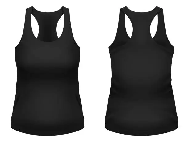 Vector illustration of Blank black tank top template. Front and back views. Vector illustration.