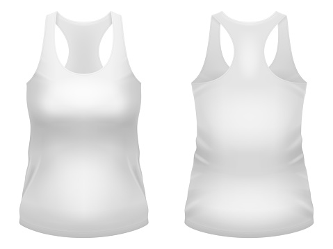 Blank white tank top template. Front and back views. Photo-realistic vector illustration.