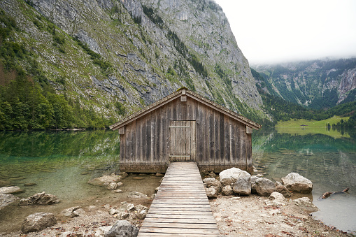 Obersee in the Bavarian Alps with wooden water hut