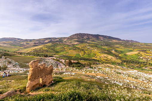 Fez, Morocco - March 17, 2024: Green Hill and muslim tombs viewed from Borj Nord Area, The ancient city of Fez, The oldest capital of Morocco