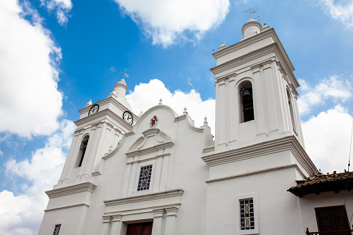 Cathedral of Saint Michael the Archangel located at the central square of the Heritage Town of Guaduas in Colombia