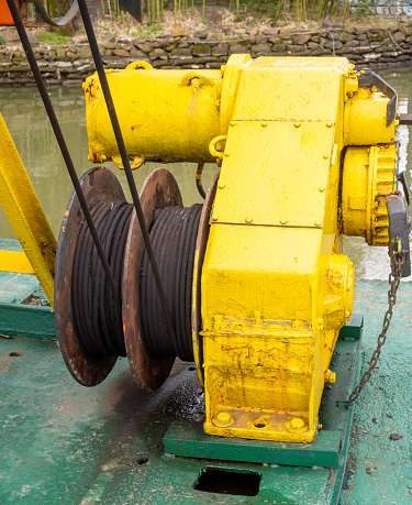 Winch lift for a boat. Mechanism close up. Simple technique