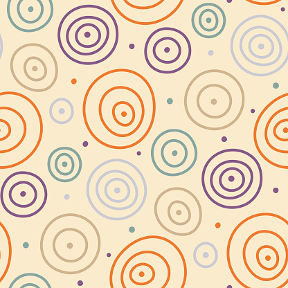 Small contour linear multi-colored circles isolated on a yellow background. Cute seamless pattern. Vector simple flat graphic illustration. Texture.