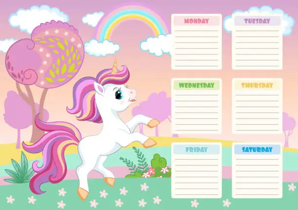 Vector illustration of School schedule with cute cartoon unicorn vector