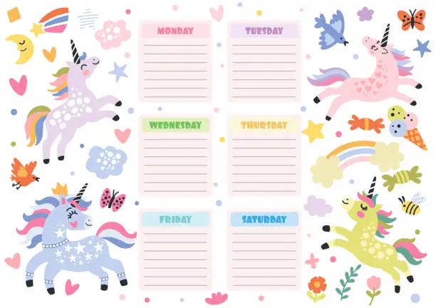 Vector illustration of Cute four unicorns printable weekly planner vector