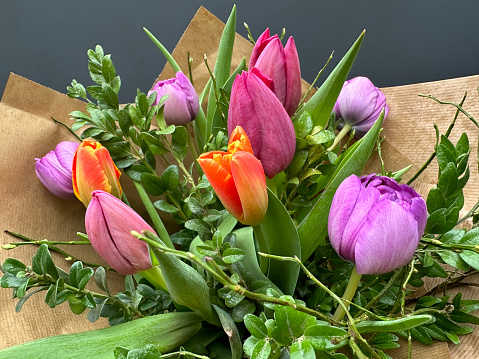 Colorful bouquet of fresh spring tulips and boxwood branches
