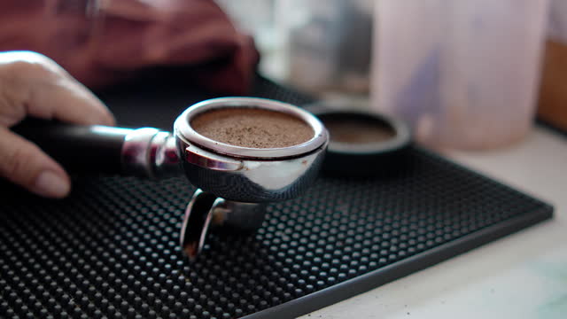 Freshly ground coffee for making espresso.