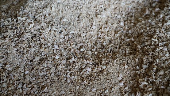 A close-up shot of a pile of wood sawdust shavings