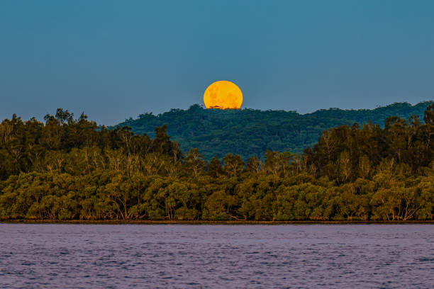 Full moon rising at the waterfront Full Moon Worm Moon rising over the bay with clear skies and a penumbral lunar eclipse at Woy Woy on the Central Coast, NSW, Australia. penumbral lunar eclipse stock pictures, royalty-free photos & images