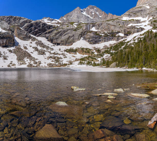 istock Black Lake and McHenrys Peak - A close-up view of pristine Black Lake, with McHenrys Peak towering at shore, on a calm and sunny Spring morning. Rocky Mountain National Park, Colorado, USA. 2113256517