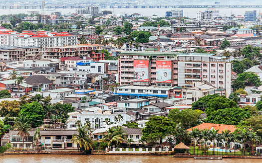 Lagos, Nigeria - Aerial view to Victoria Island waterfront buildings.