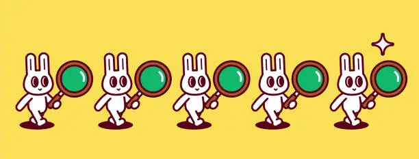 Vector illustration of A group of cute rabbits, each holding a magnifying glass, walking in a straight line