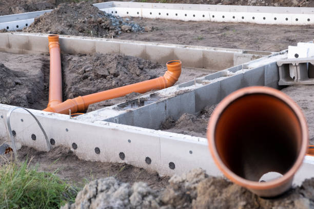 istock Ready Made cement foundation and Prepared Drainage System from Plastic pipes made by plumber in the ground during the building of a modular house in Europe. Construction Engineering concept 2113294181