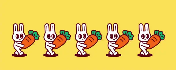 Vector illustration of A group of cute rabbits, each holding a big carrot, walking in a straight line