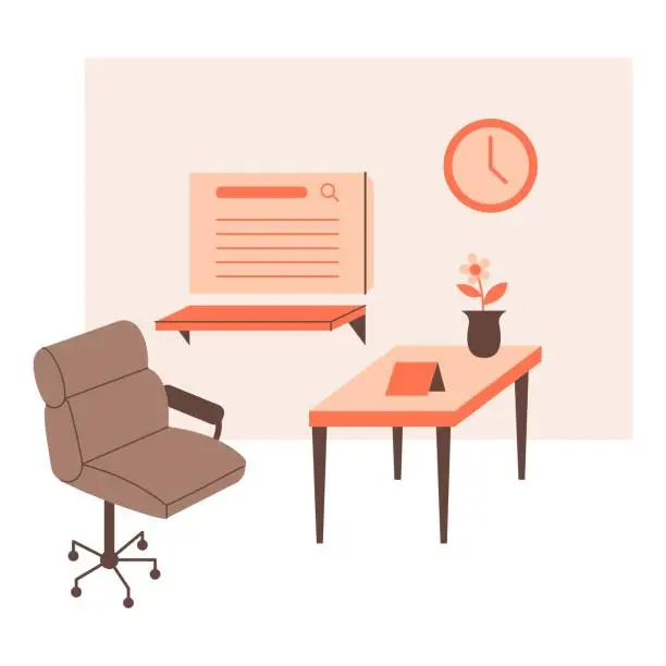 Vector illustration of Workplace interior, chair, table and clock. Vector illustration in flat style with workplace theme. Editable vector illustration.