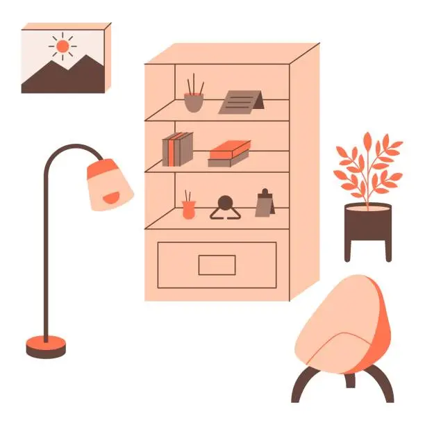 Vector illustration of Workplace furniture with bookshelf, lamp and chair. Vector illustration in flat style with workplace theme. Editable vector illustration.