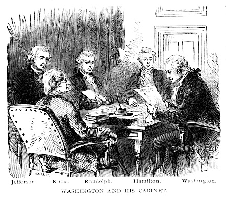 First US President George Washington with his Cabinet: Thomas Jefferson, Alexander Hamilton, Henry Knox, Edmund Randolph. Illustration published 1895. Copyright expired; artwork is in Public Domain.