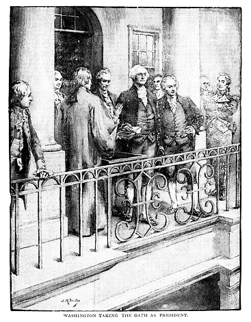 Inauguration of George Washington as first U.S. President.  standing with John Adams on the balcony of Federal Hall on Wall Street in New York. Illustration published 1895. Original edition is from my own archives.  Copyright has expired and is in Public Domain.