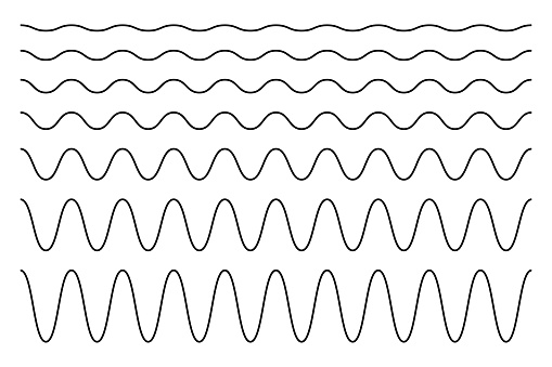 Set of horizontal wavy lines. Undulate borders. Sine or cosine curves. Water, fluid, air or wind symbols. River, sea, lake or ocean signs isolated on white background. Vector outline illustration