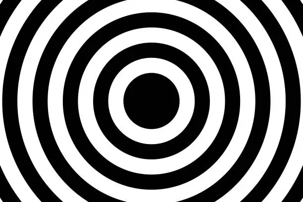 Vector illustration of Black and white concentric circles background. Target, aim, pain point, epicenter, sun burst, radar, water ripples, sonar wave, whirlpool, radio signal banner. Simple vector illustration